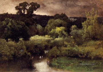 tonalism tonalist Painting - A Gray Lowery Day landscape Tonalist George Inness river